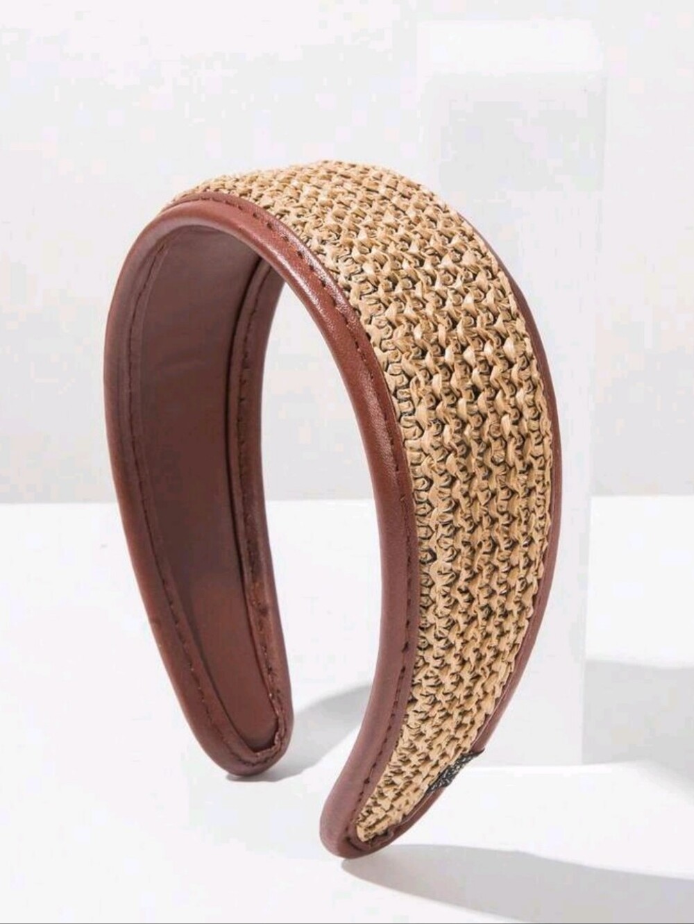 Woven Straw & Brown Leather Padded Headband